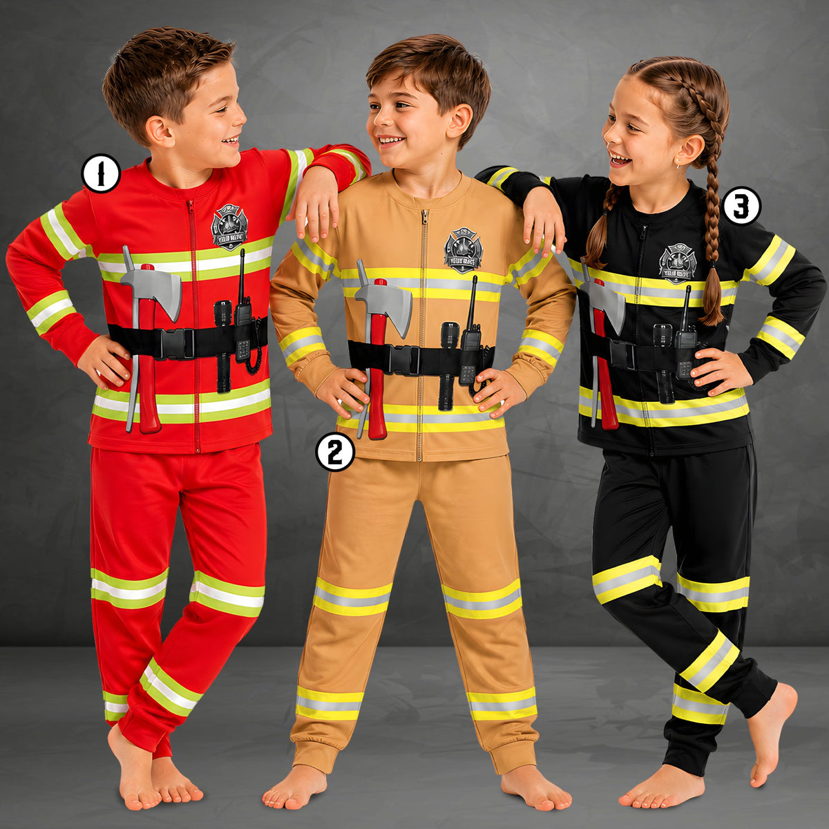 Family wearing matching multicolor firefighter pajama sets in a lifestyle setting