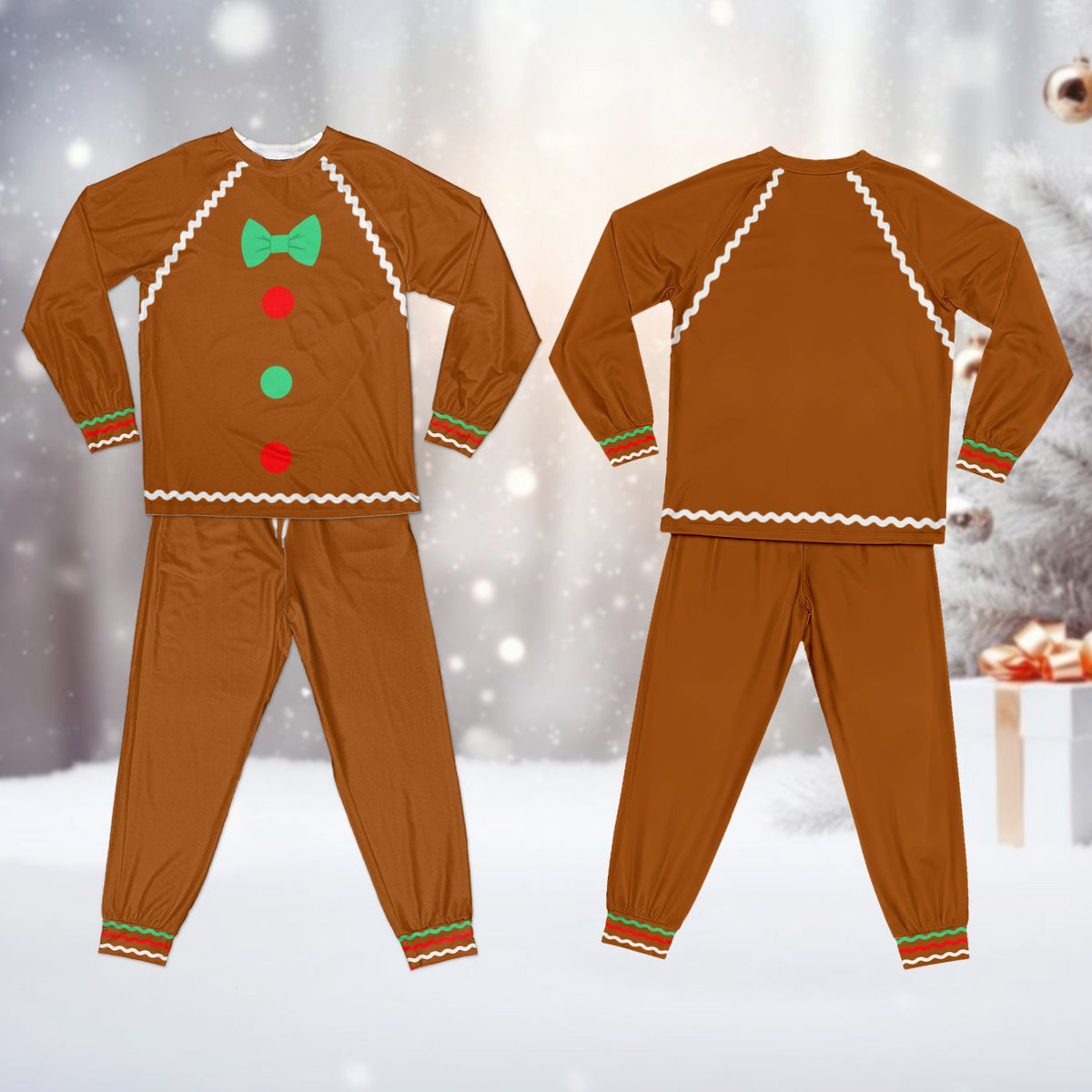 Detail lifestyle view of the gingerbread pajama set fabric and design