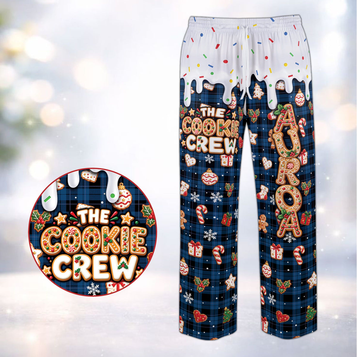 Blue version of the matching family christmas pajamas with custom name