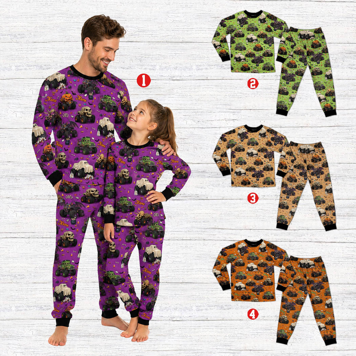 Lifestyle view of the family wearing the halloween monster trucks pajama set