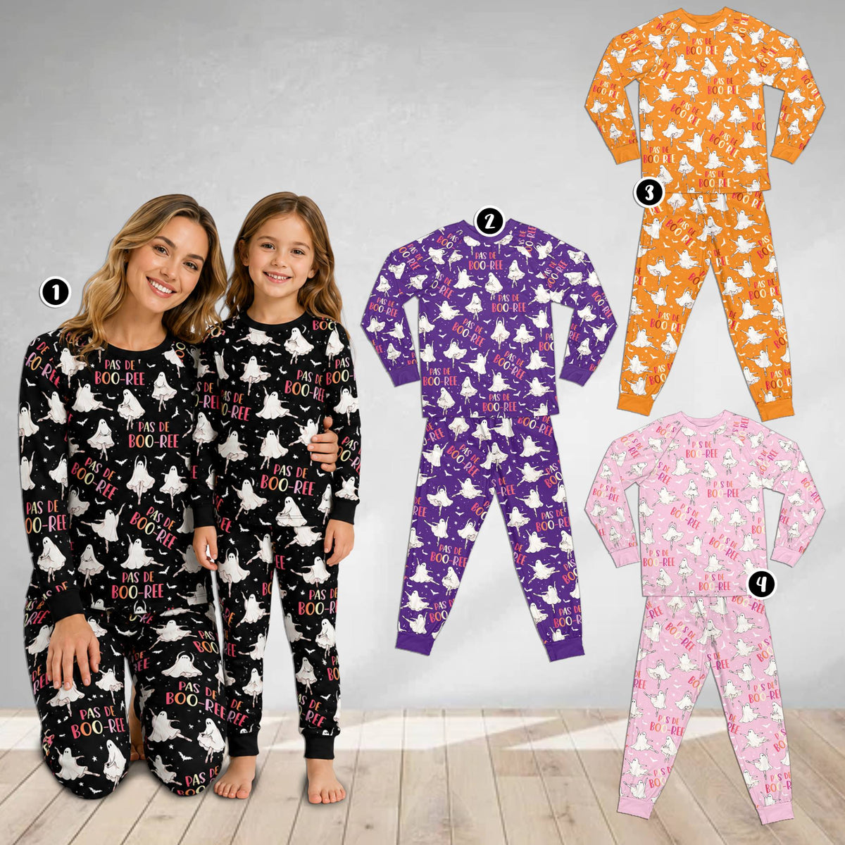 Multicolor matching holiday pajamas family lifestyle view