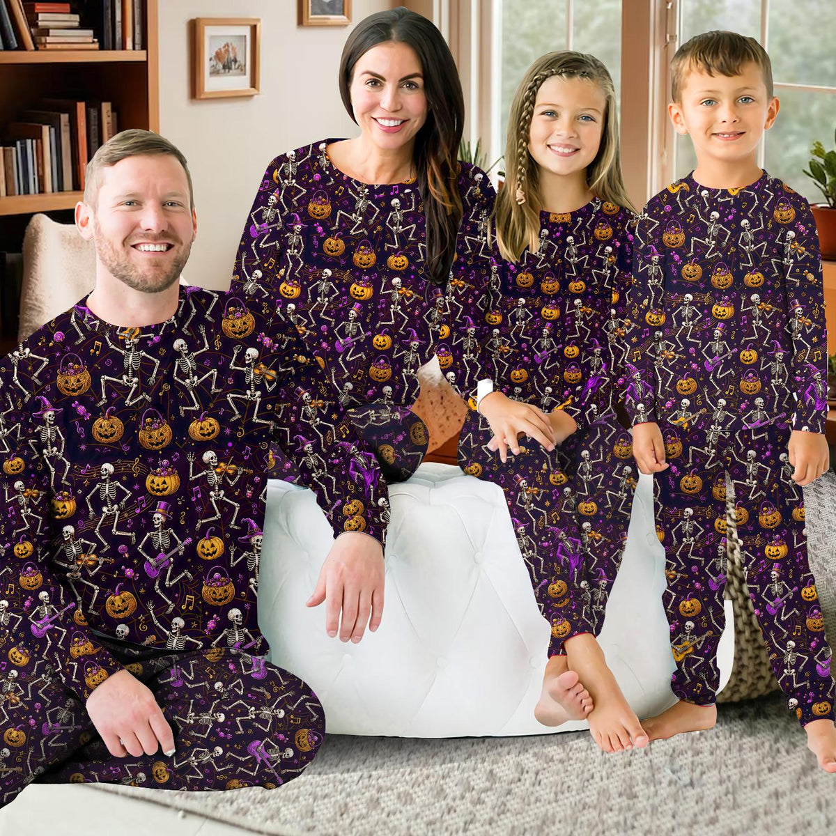 Fourth lifestyle view of the purple and orange Halloween pajama set in a cozy setting