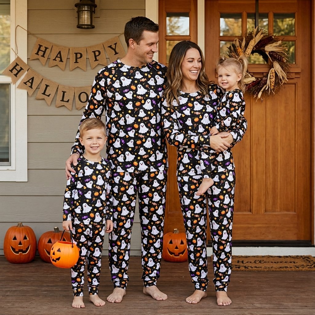Lifestyle view of a family wearing the matching ghosts and pumpkins halloween pajama sets