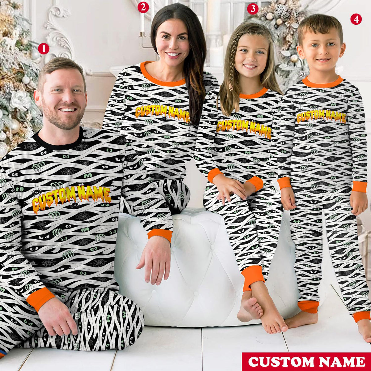 Third lifestyle view showing the fun mummy design on the family pajama sets