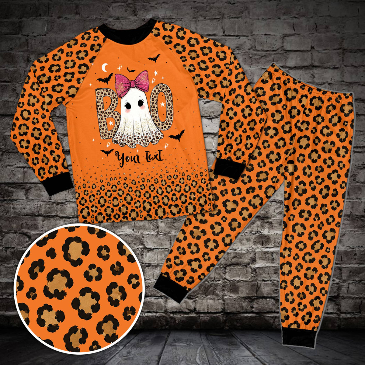 Front view of orange matching pajamas for family with custom name and number