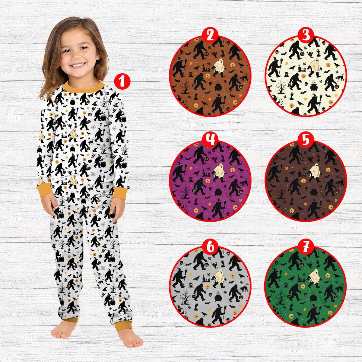 Lifestyle view of family wearing the white Halloween pajama set with Bigfoot design