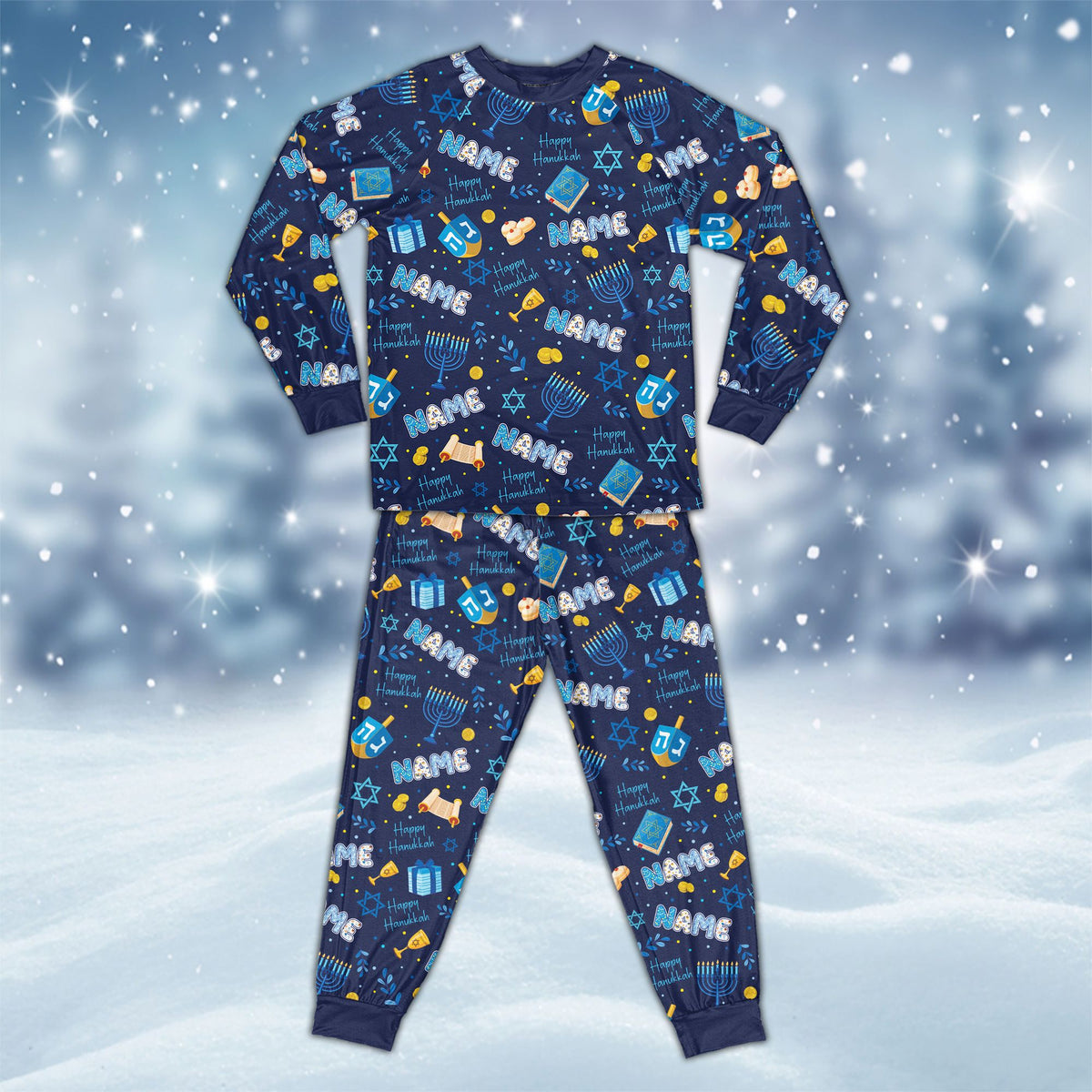 Navy personalized hanukkah pajama set featuring menorahs and dreidels front view