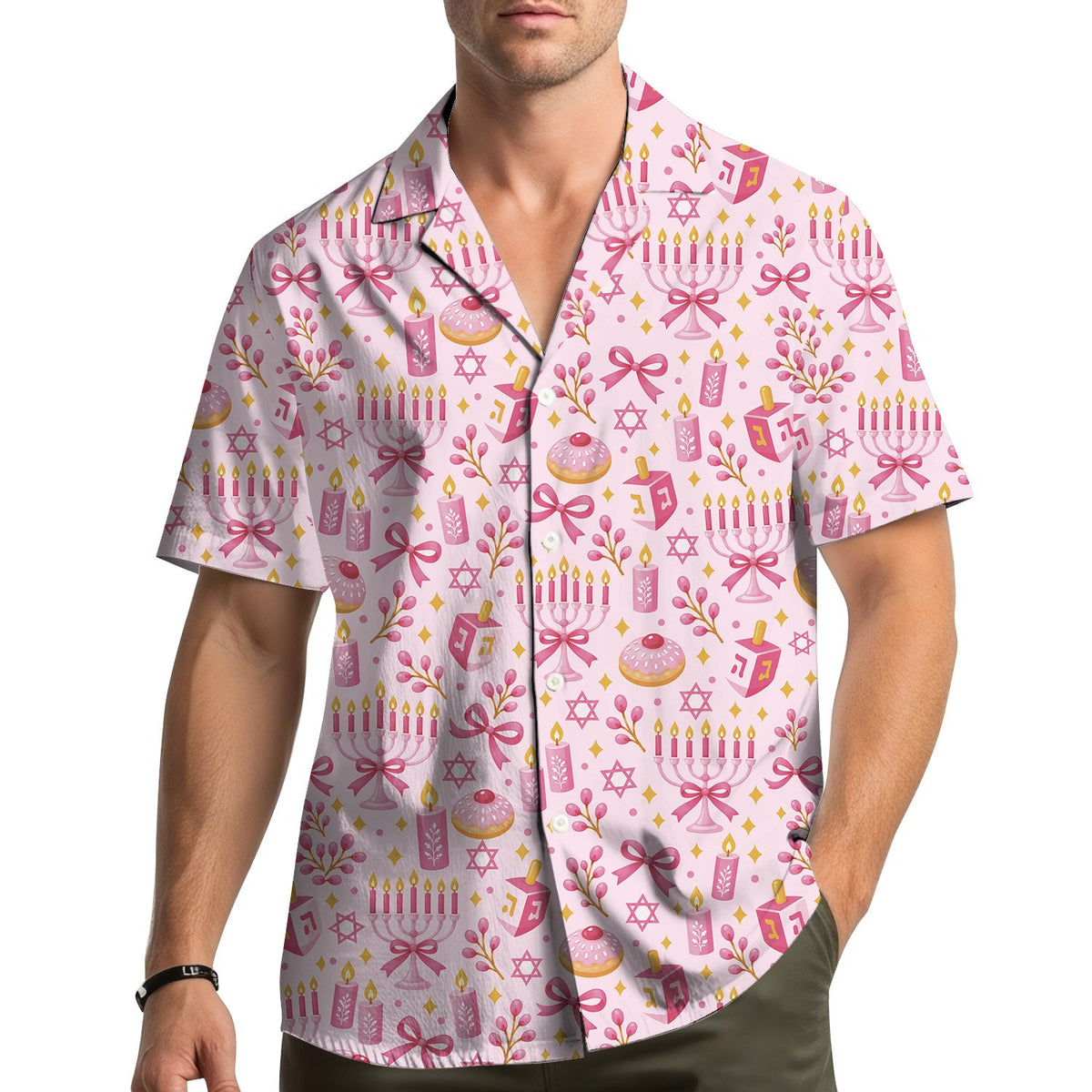 Third lifestyle view showing the cozy fit of the pink hanukkah pajama set