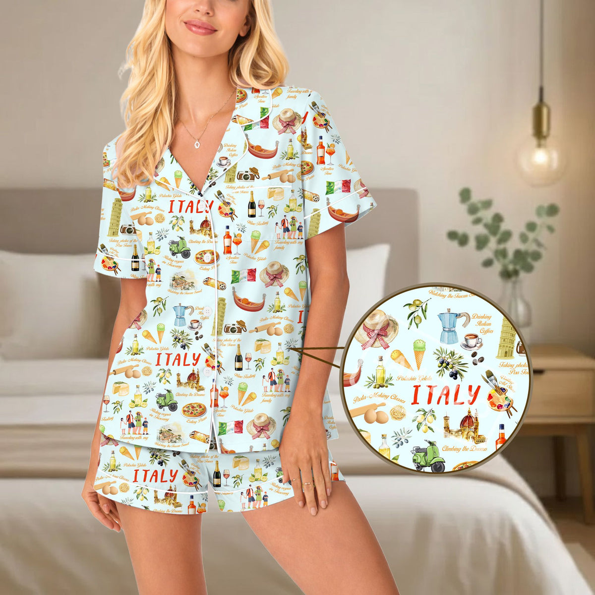 Close up detail of the Italy pajama set showing pizza, gondola, and Vespa patterns
