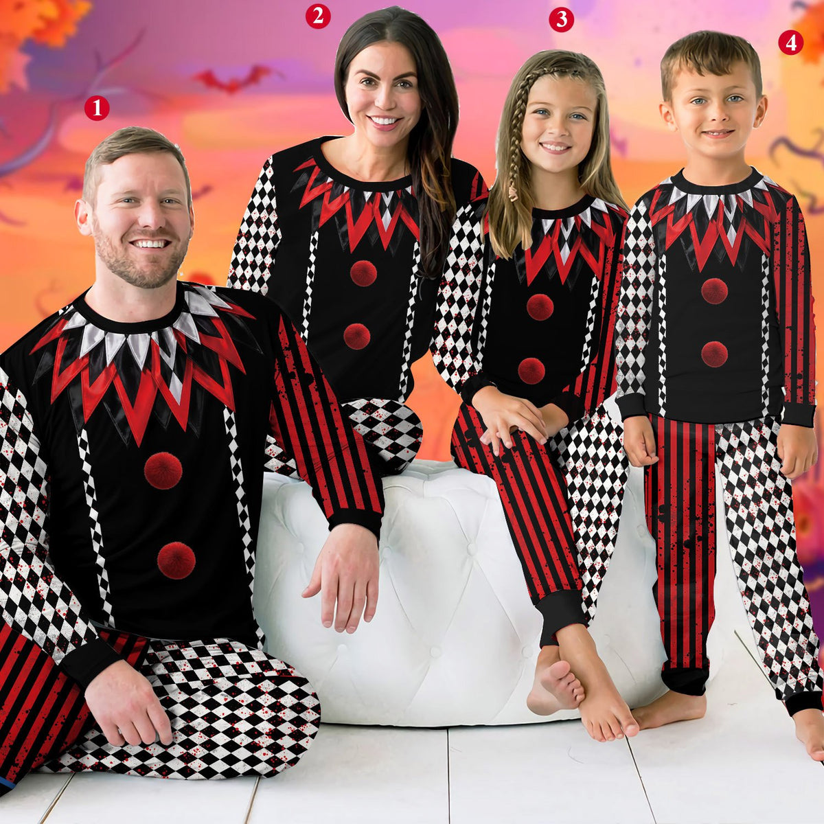Lifestyle shot displaying the vibrant red, black, and white colors of the jester pajamas