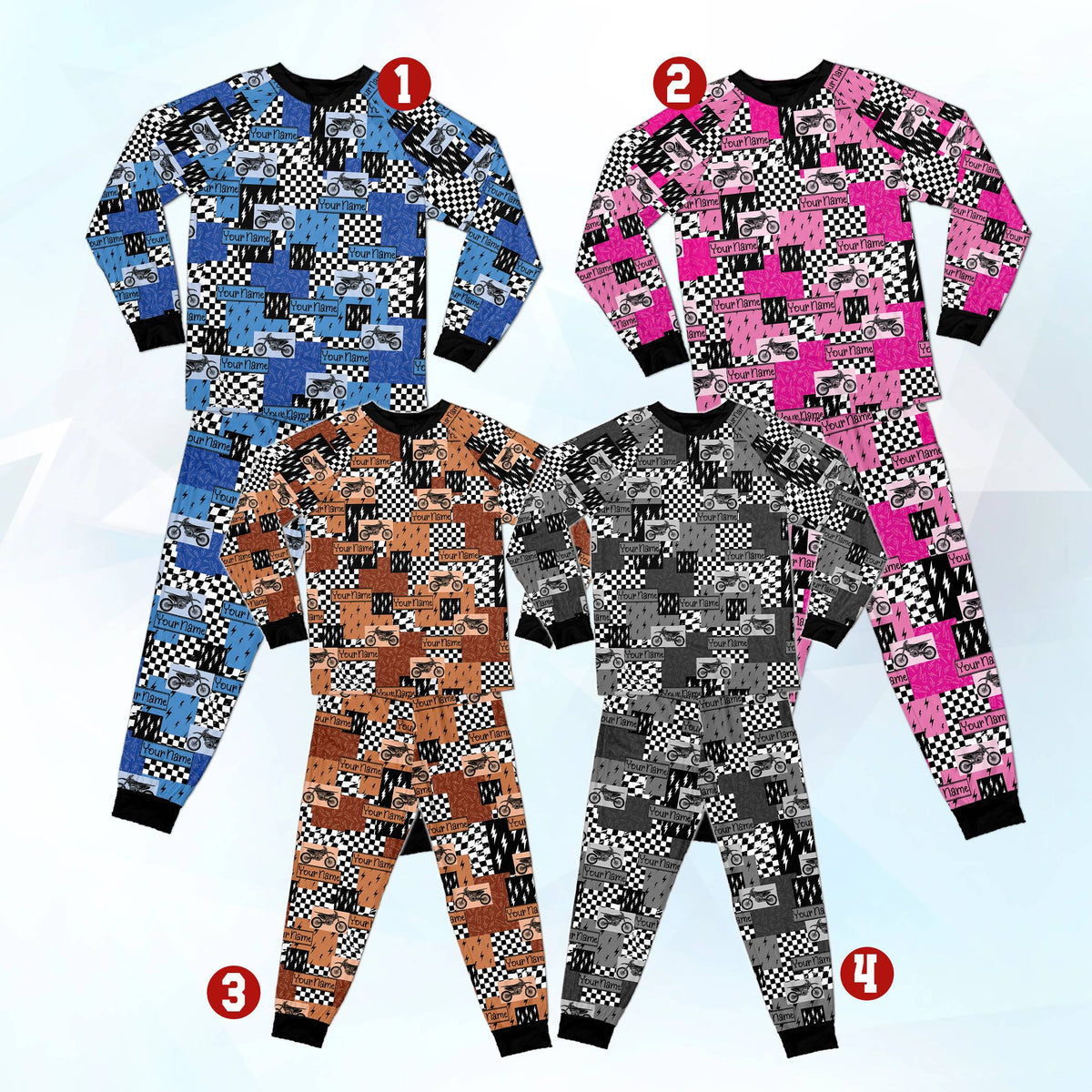 Personalized multicolor motocross pajama set with custom name and dirt bike pattern, front view