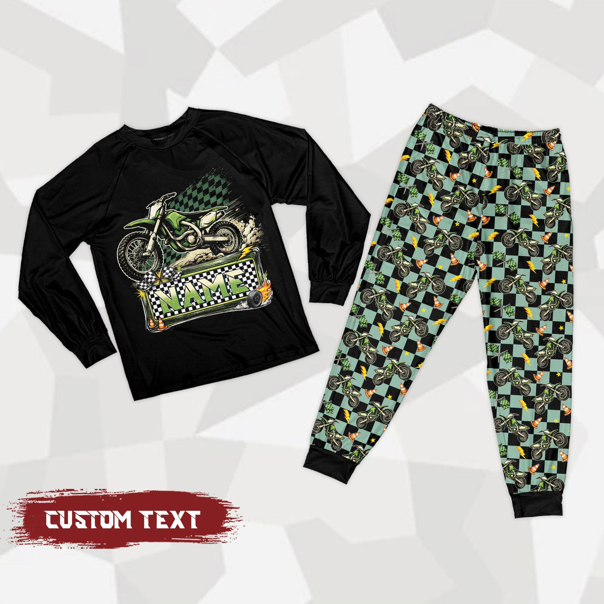 Front view of the personalized motocross pajama set in a yellow and green multicolored variation