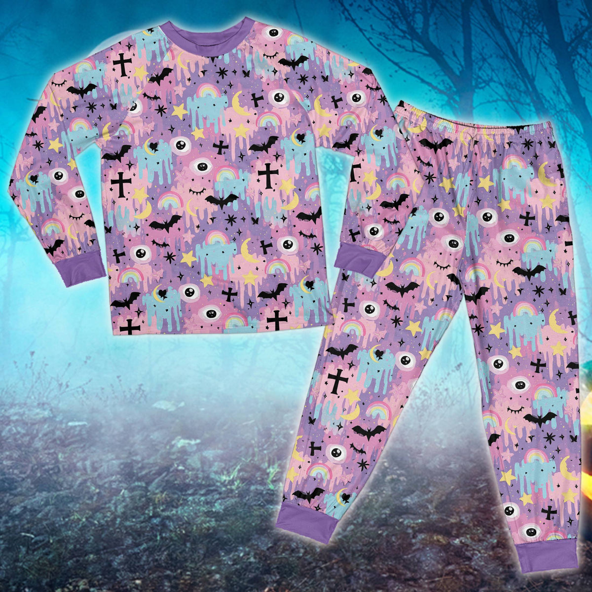 Additional styled view of the pastel goth Halloween family matching pajama outfits