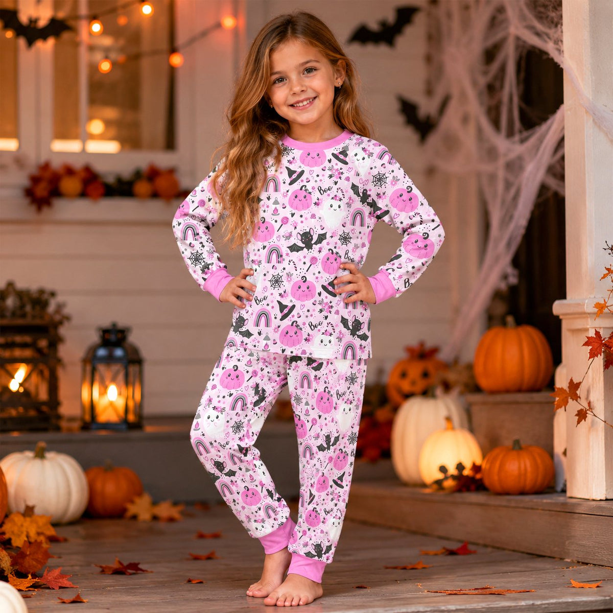 Family wearing the matching pink halloween pajama set in a comfortable lifestyle setting