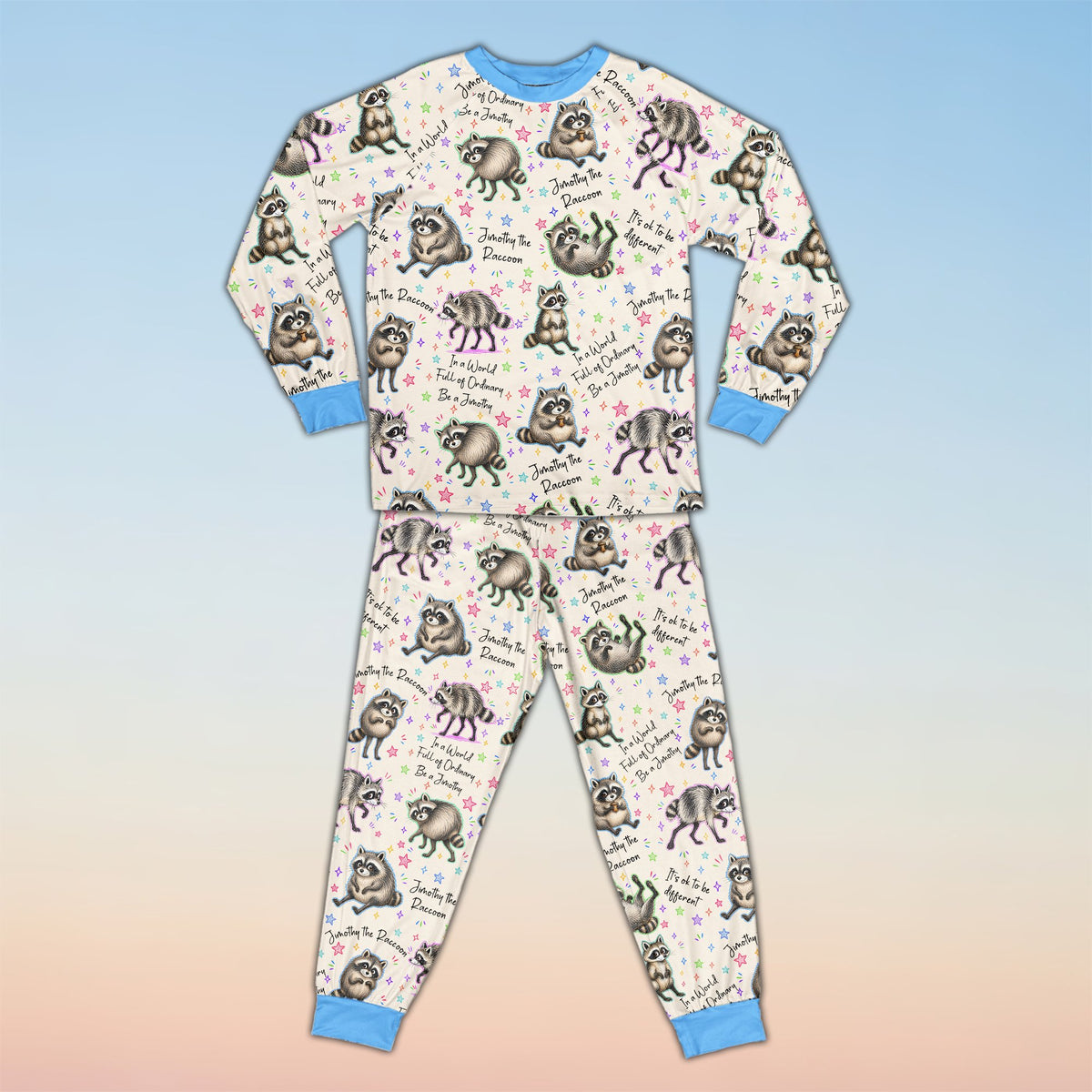Multicolor raccoon and star pattern matching pajama set, front view