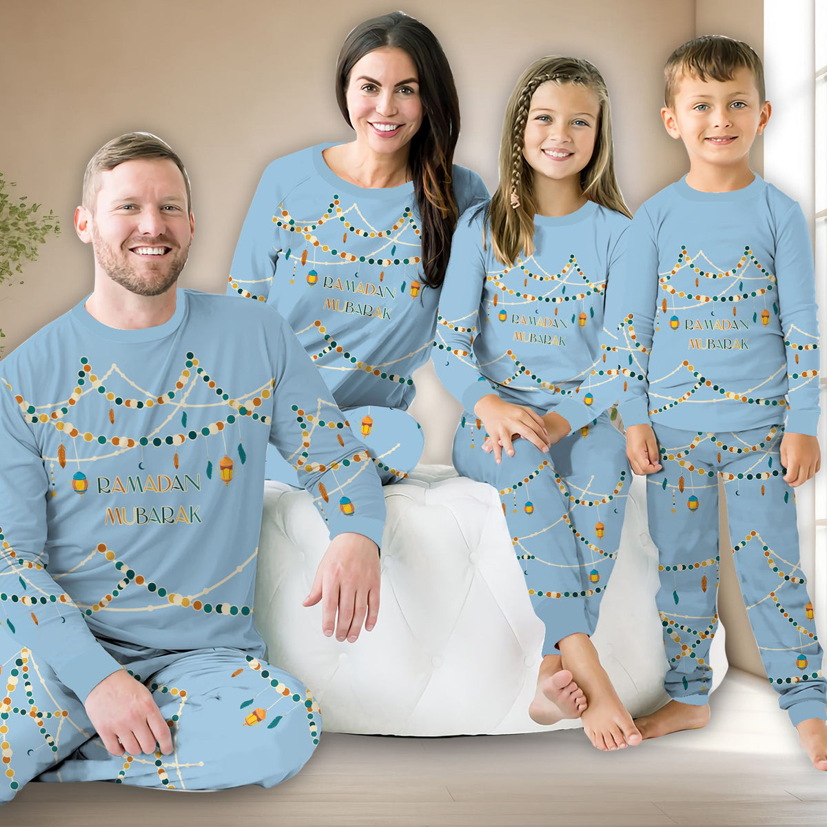 Second lifestyle view of individuals wearing the navy and gold ramadan pajama set