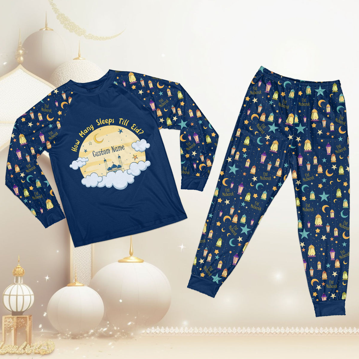 Detailed view of the matching family pajamas featuring Eid Mubarak pattern on pants