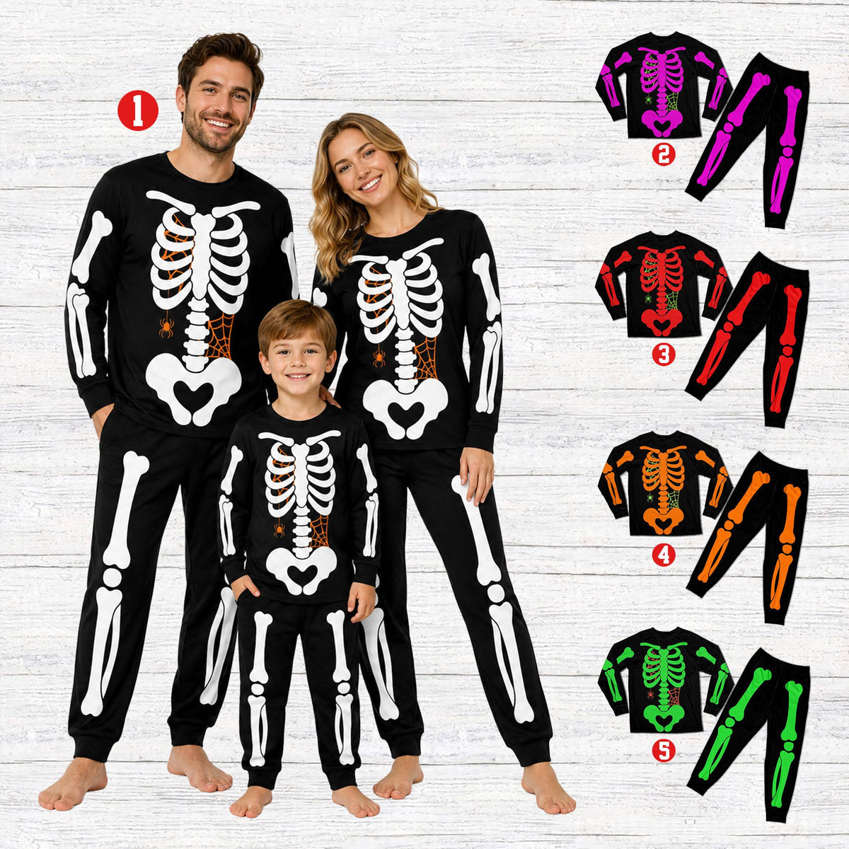 Lifestyle view of a person wearing the matching family skeleton pajama set