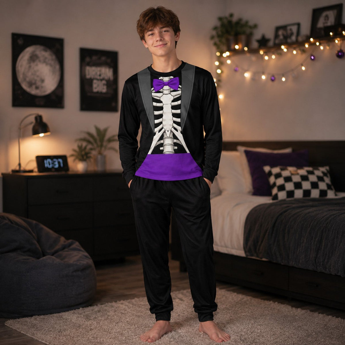 Lifestyle shot of the matching family pajama set in skeleton tuxedo theme