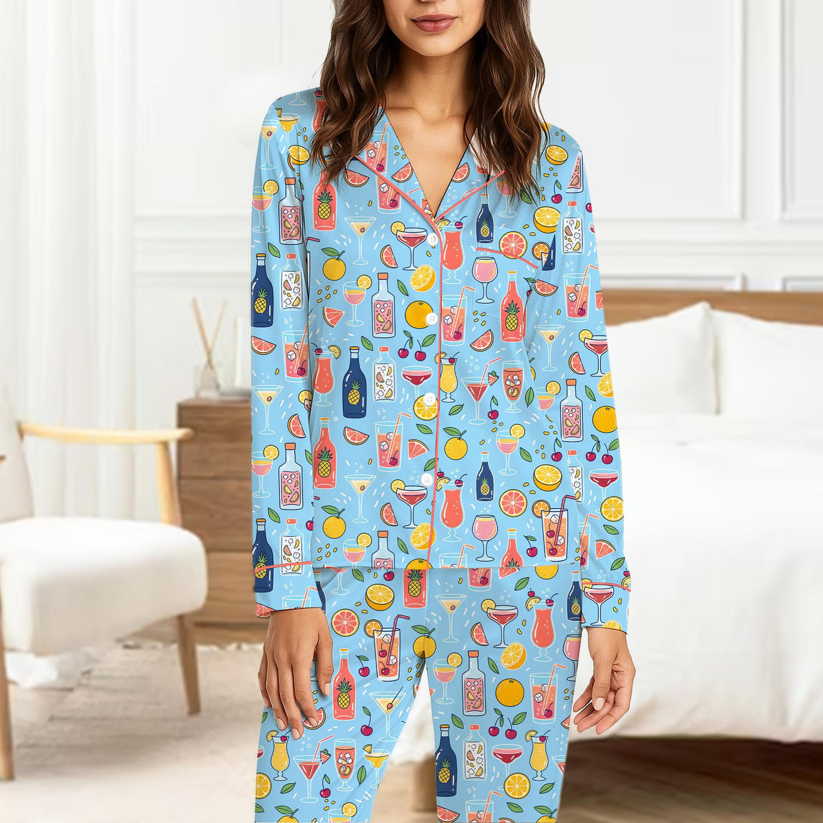 Third lifestyle view of the playful tropical drinks pajama set