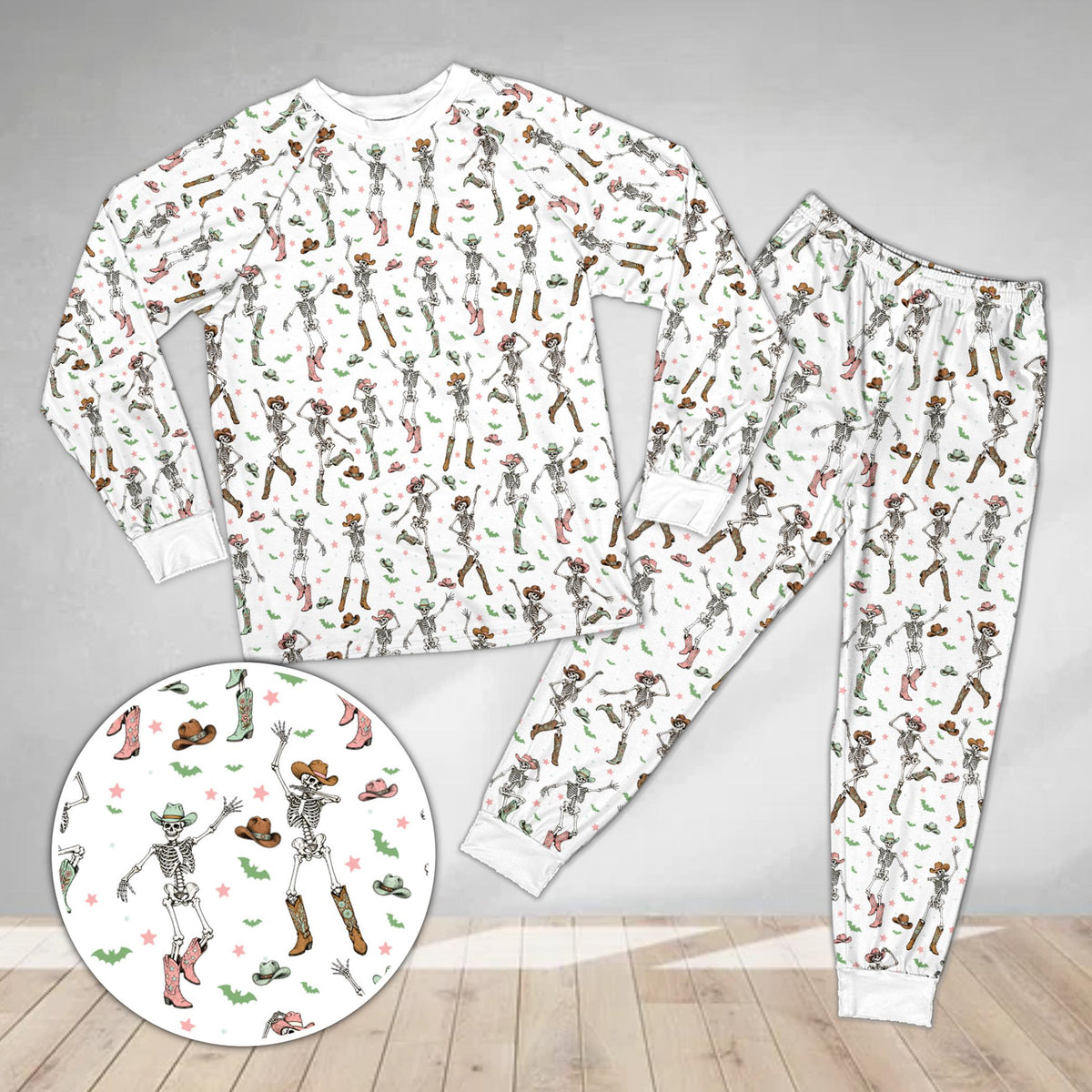 Close up of dancing skeletons on western halloween pajama set