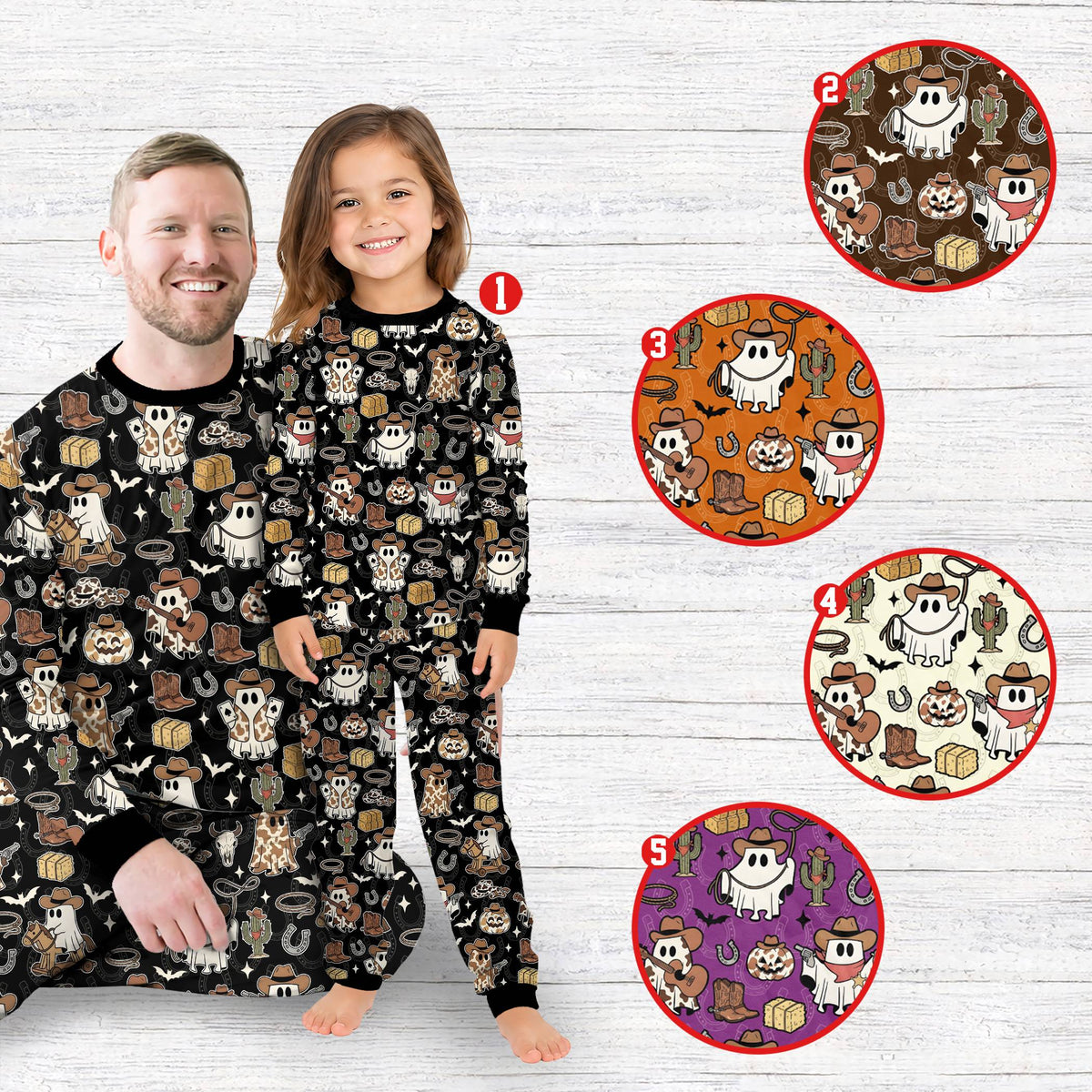 Lifestyle view of a family wearing the matching western Halloween pajama sets