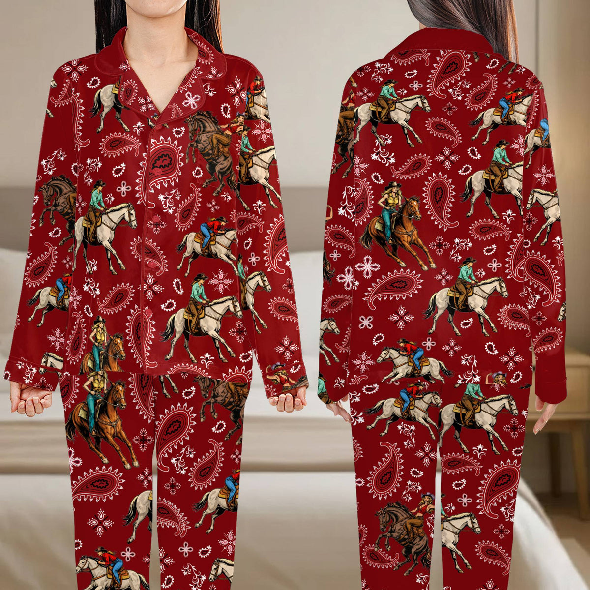 Final front view of matching family pajama set in western red design