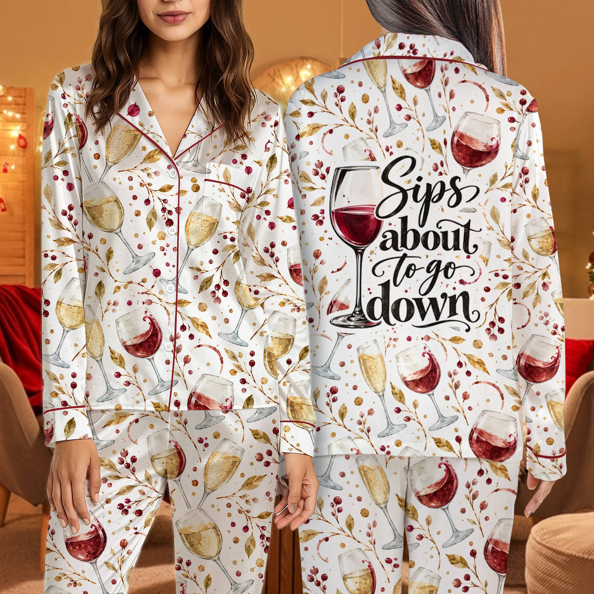 Close-up back view of the red wine glass graphic on the pajama set