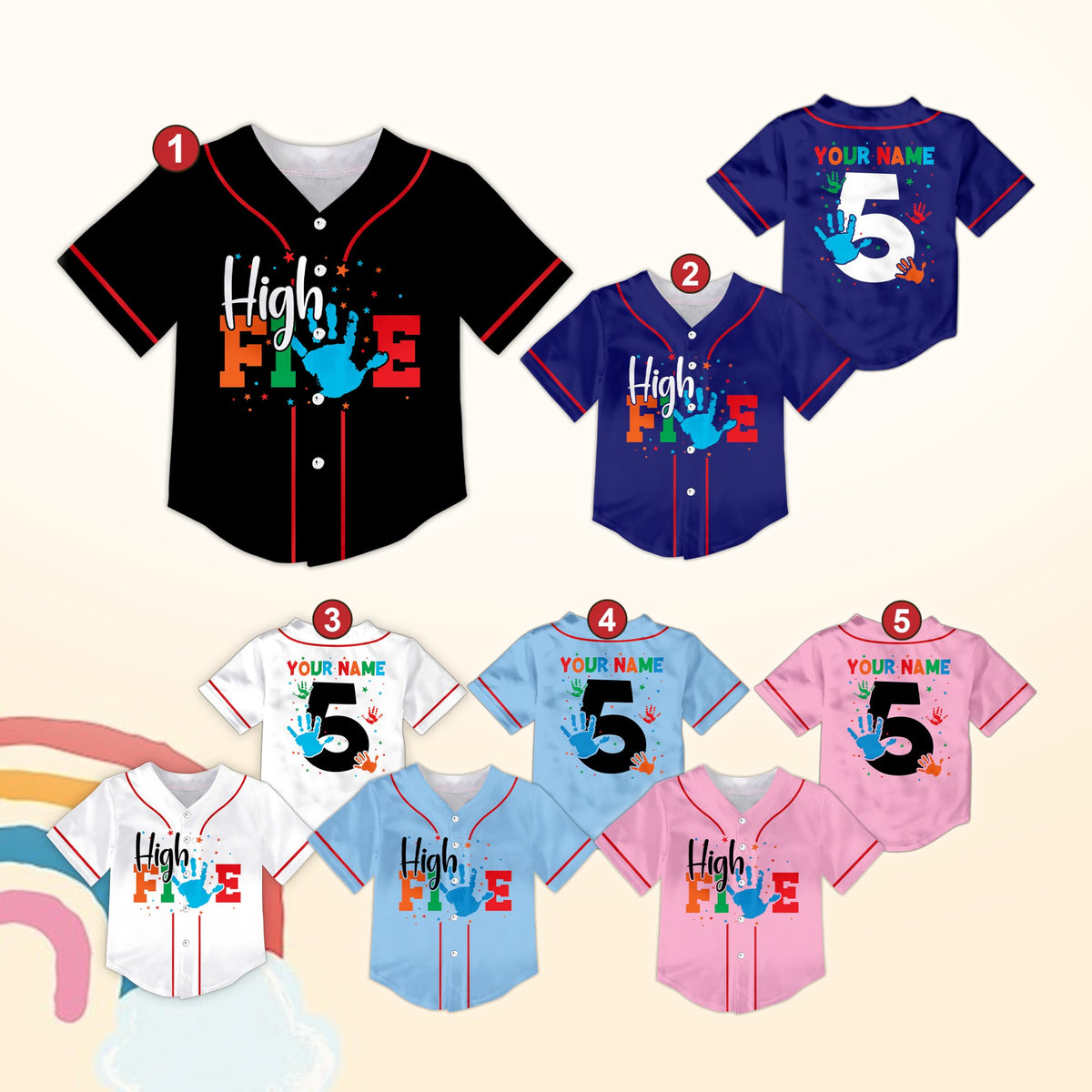 Multicolor birthday baseball jersey with personalized back, front view
