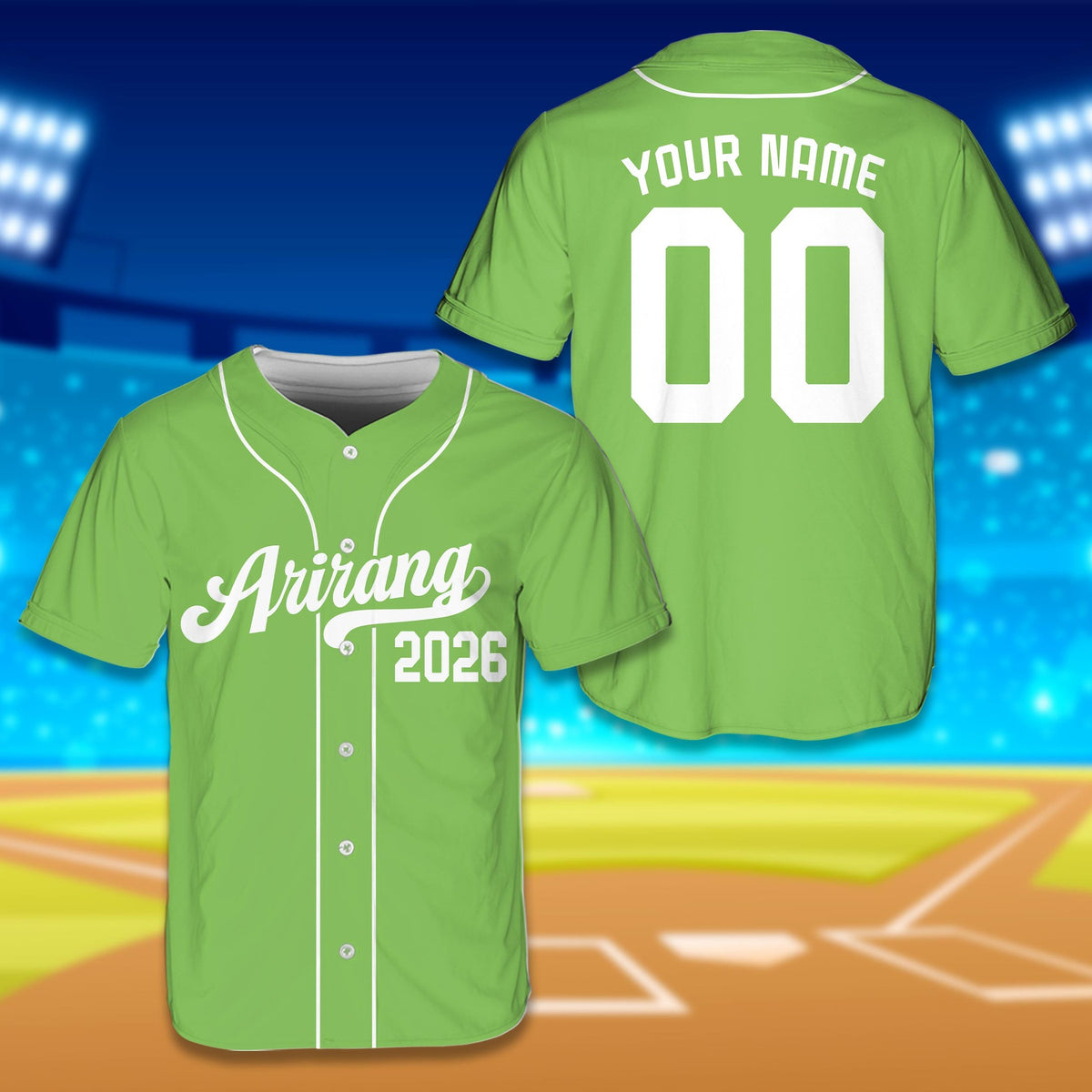 Green arirang custom baseball jersey front view