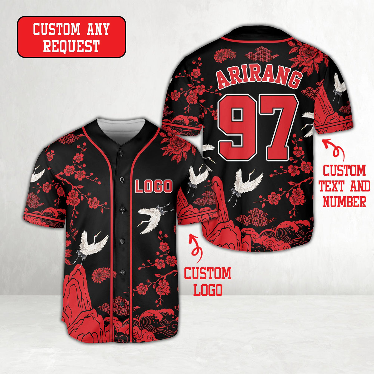Black asian baseball jersey featuring custom name and number, front view