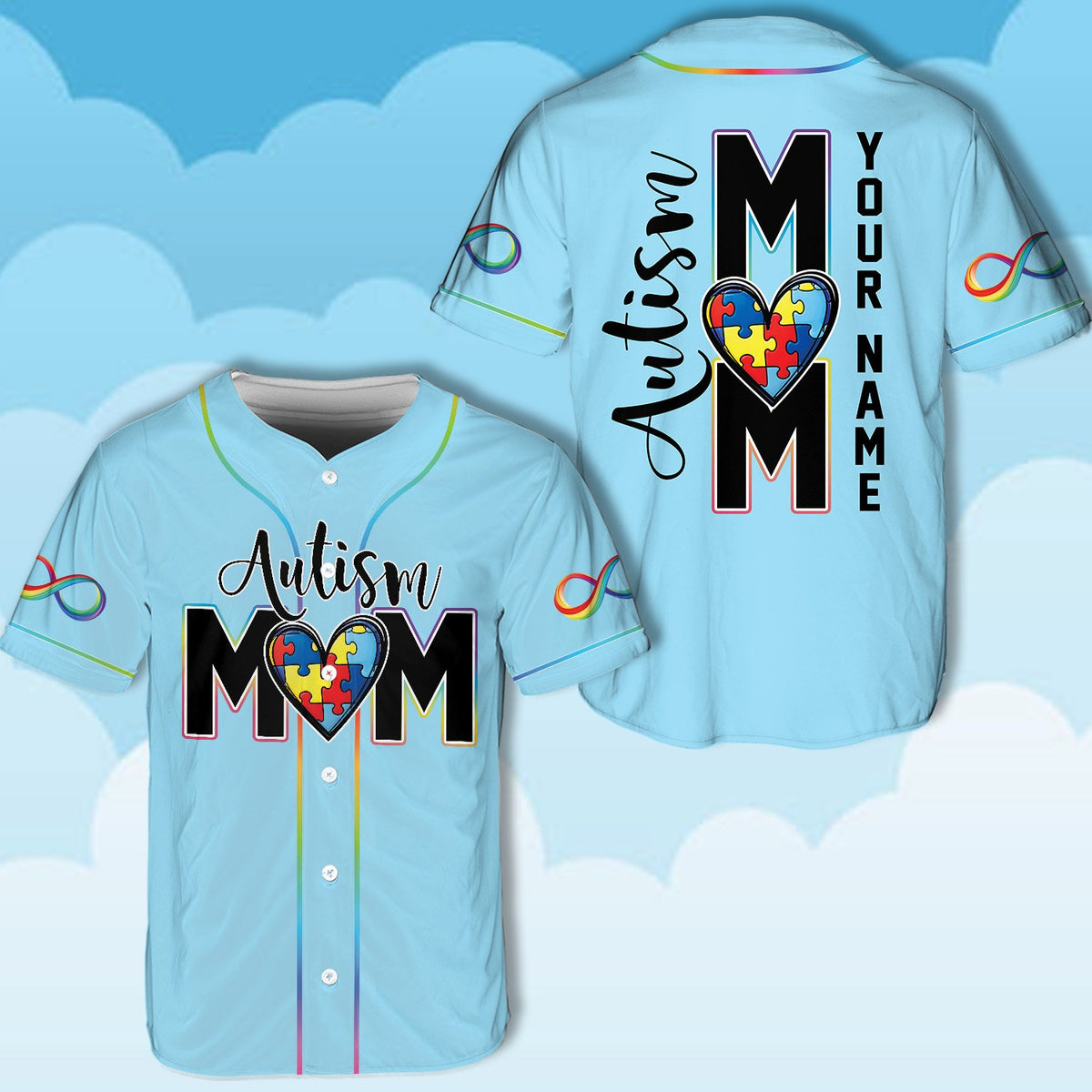 Light Blue personalized autism awareness baseball jersey angled front view