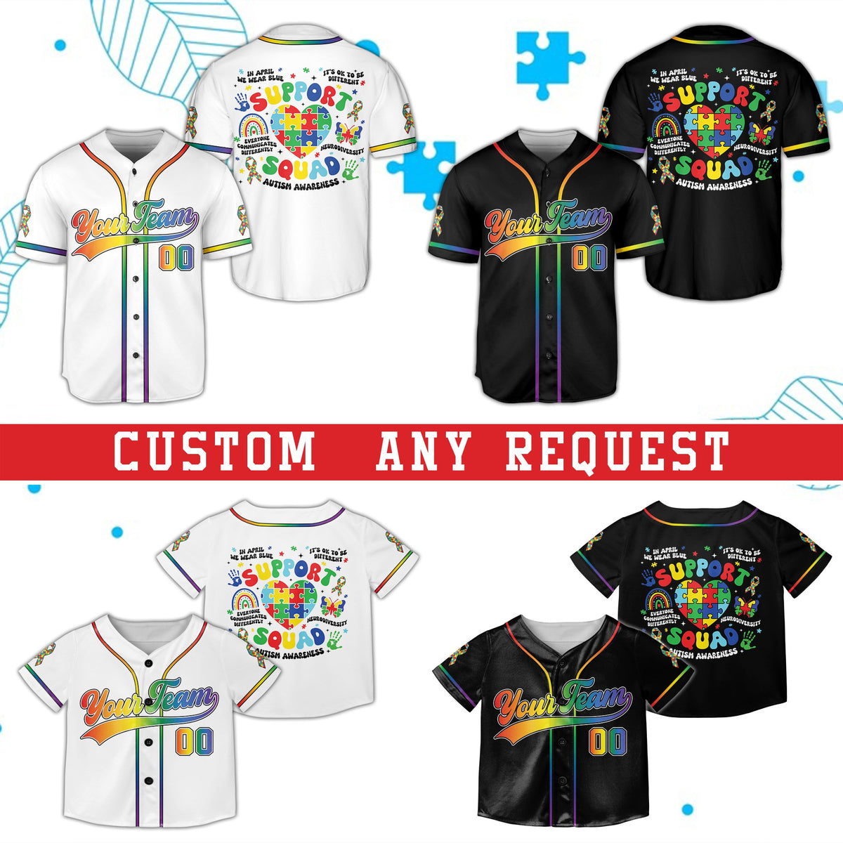 Blue personalized autism awareness baseball jersey front view
