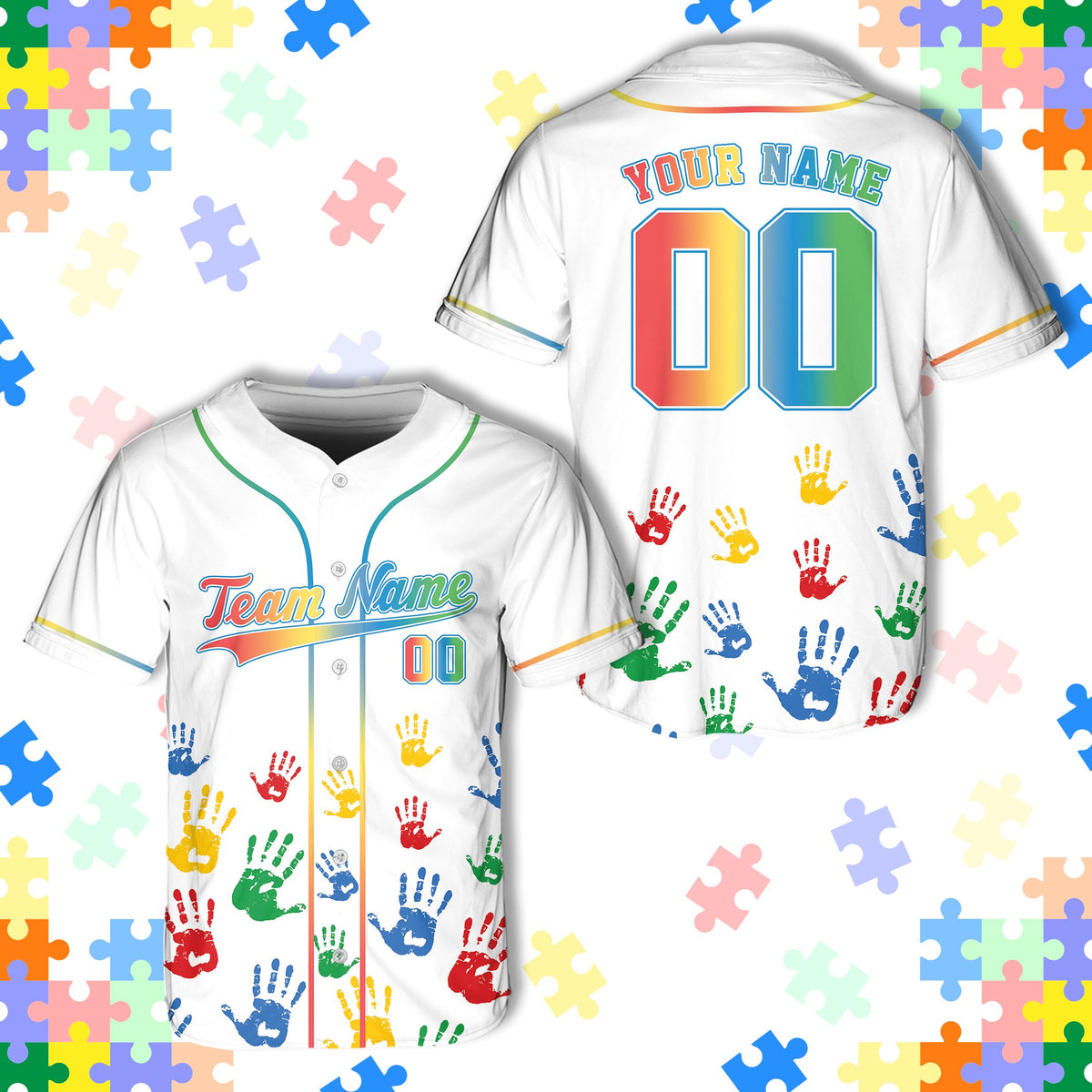 Personalized white autism awareness baseball jersey with colorful puzzle piece design and rainbow gradient text, front view