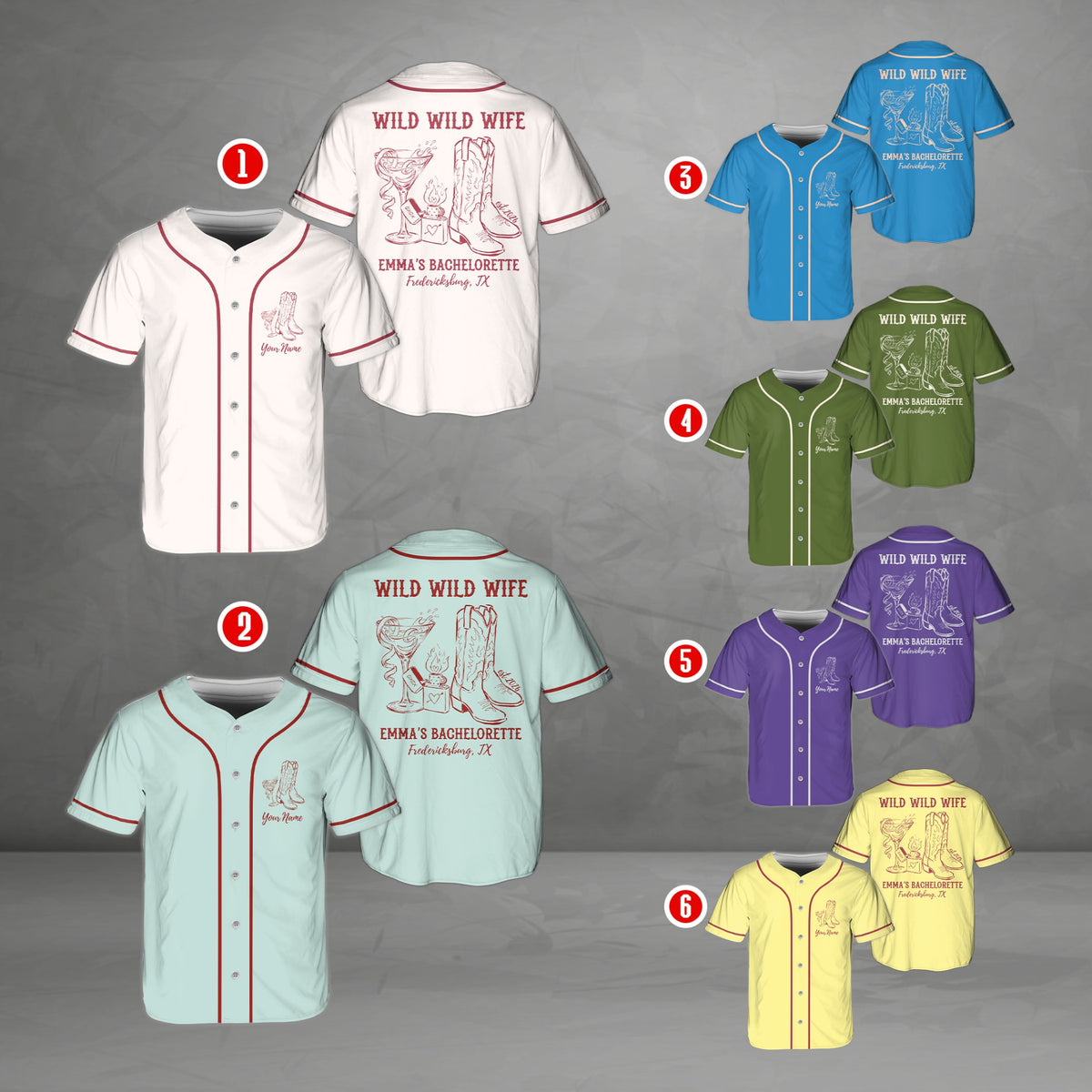 Multicolor bachelorette baseball jersey with custom text front view variant three
