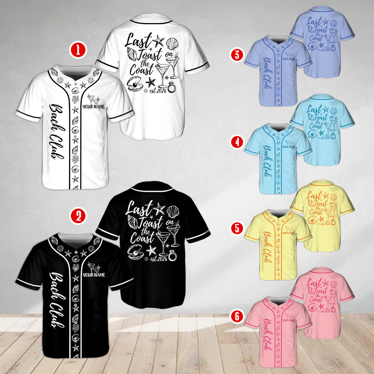 Alternate multicolor view of custom baseball jersey for bachelorette party