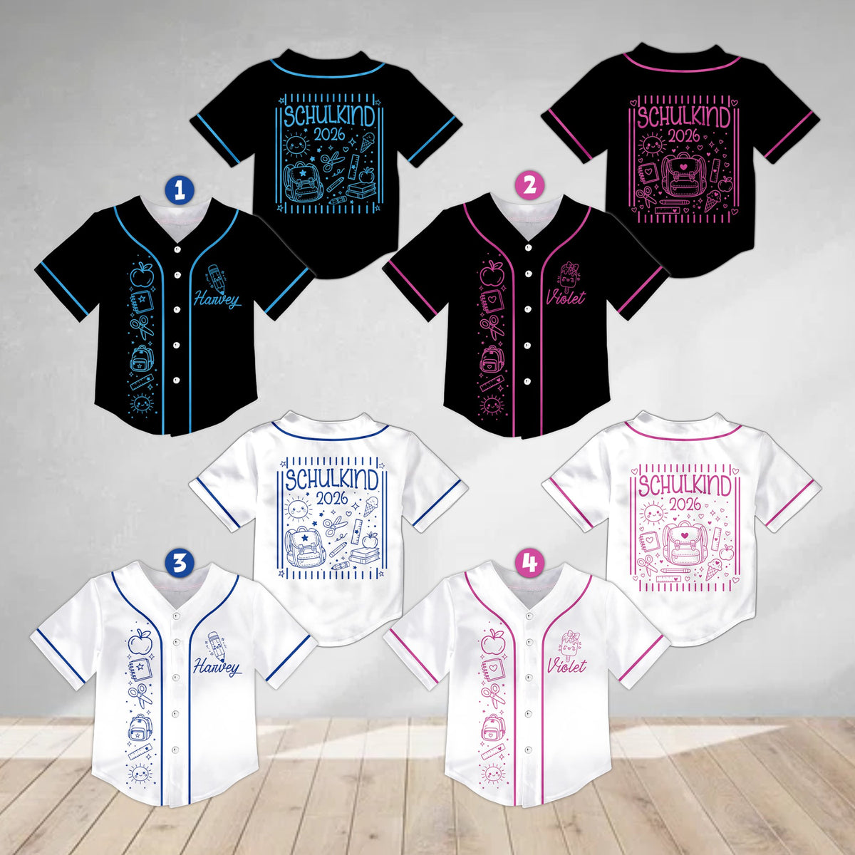 Multicolor view of personalized back to school baseball jerseys showing different color options