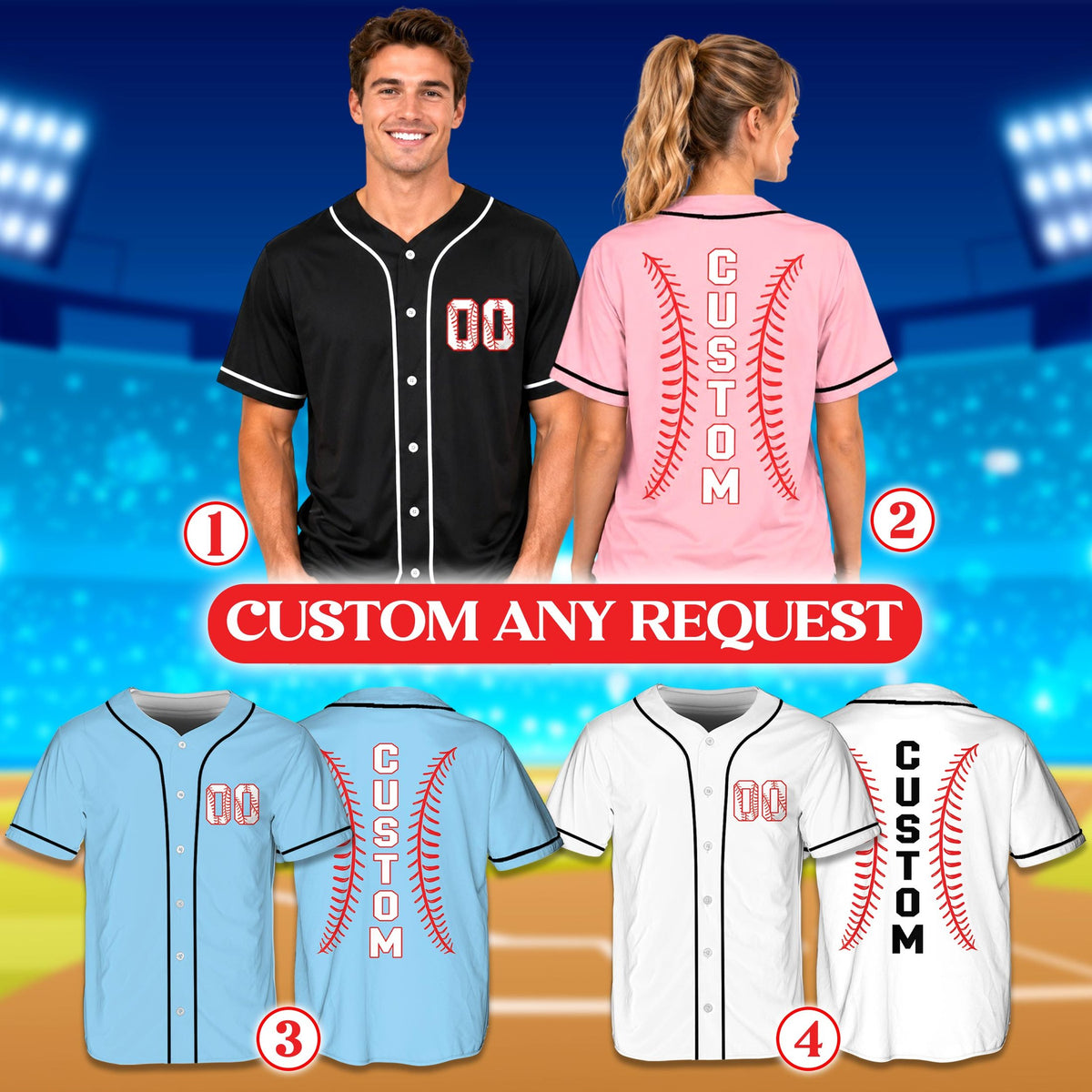 Lifestyle view of an adult wearing the custom name and number baseball jersey.