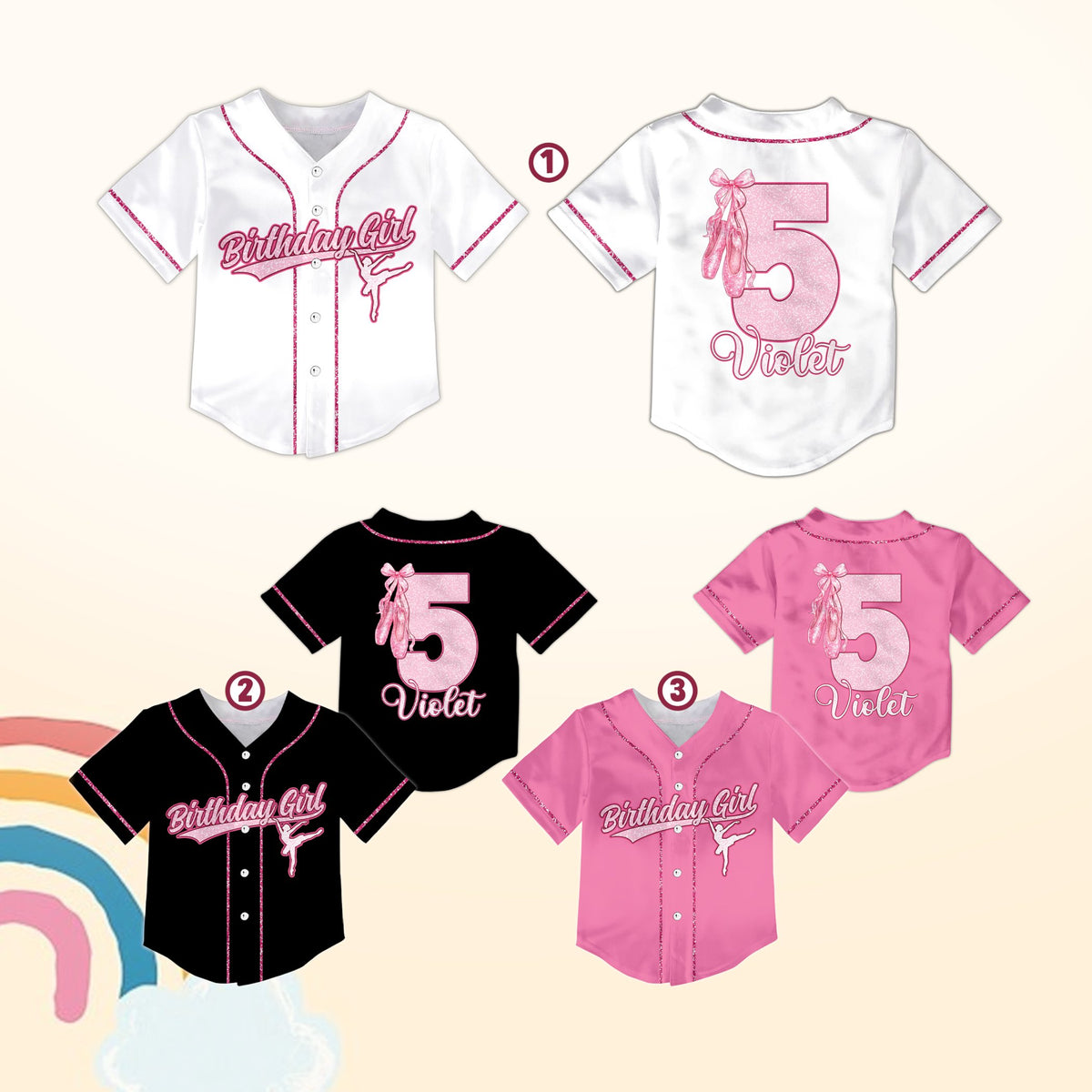 White personalized birthday ballerina baseball jersey, alternate front view