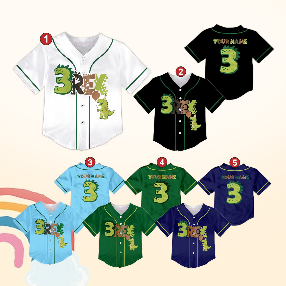 Personalized multicolor birthday dinosaur baseball jersey, front view