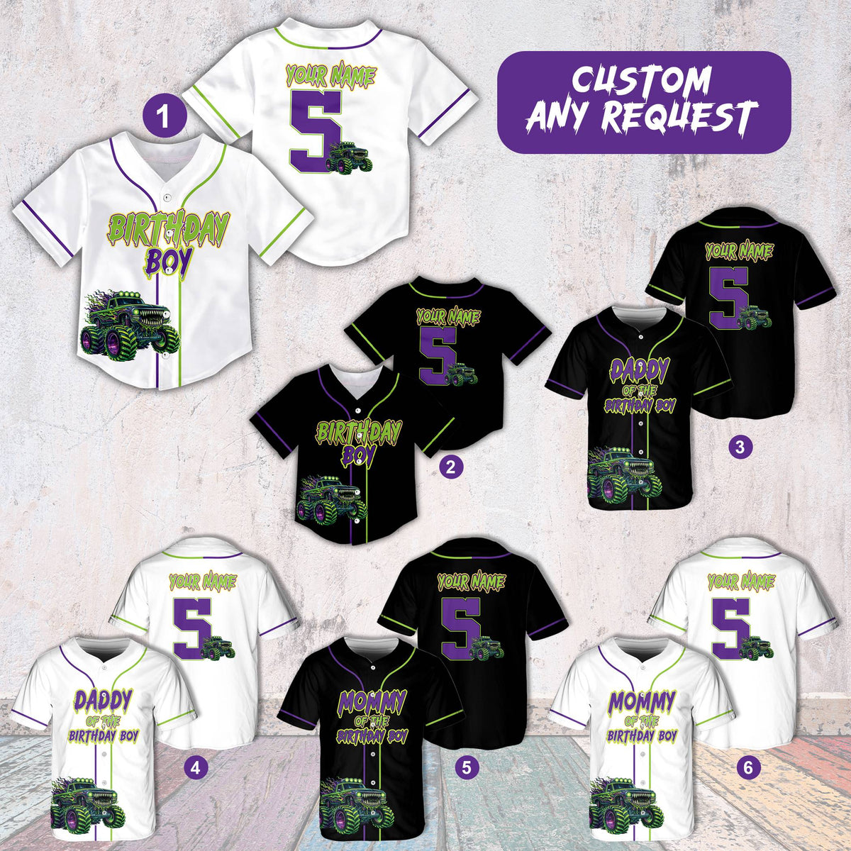 Alternate view of the personalized birthday monster truck baseball jersey