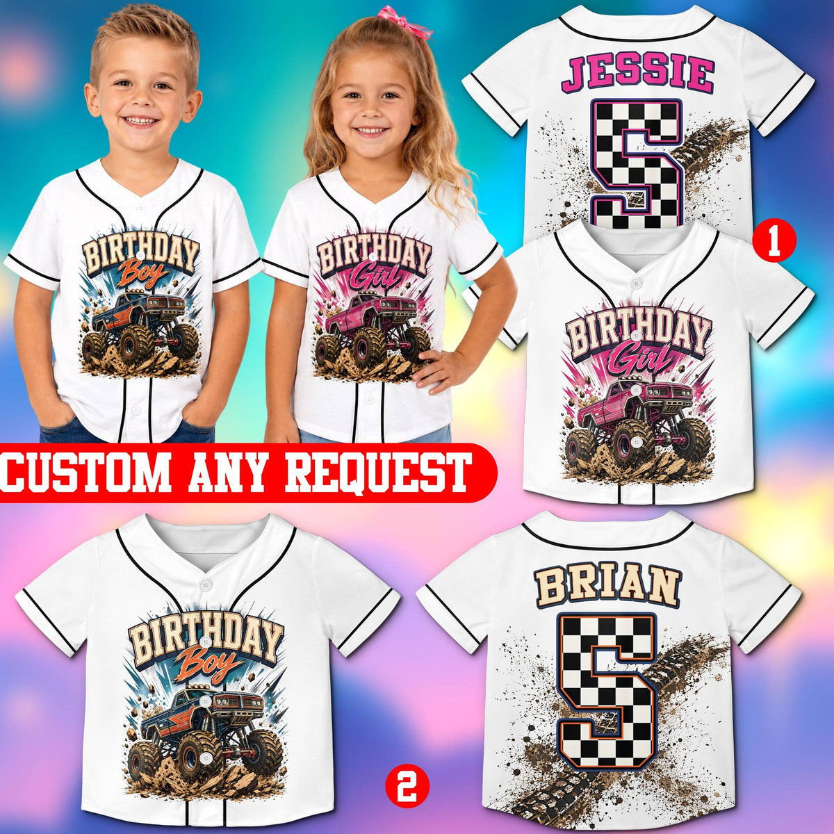 Detailed view of the personalized birthday monster truck baseball jersey showing checkered number and mud splatter