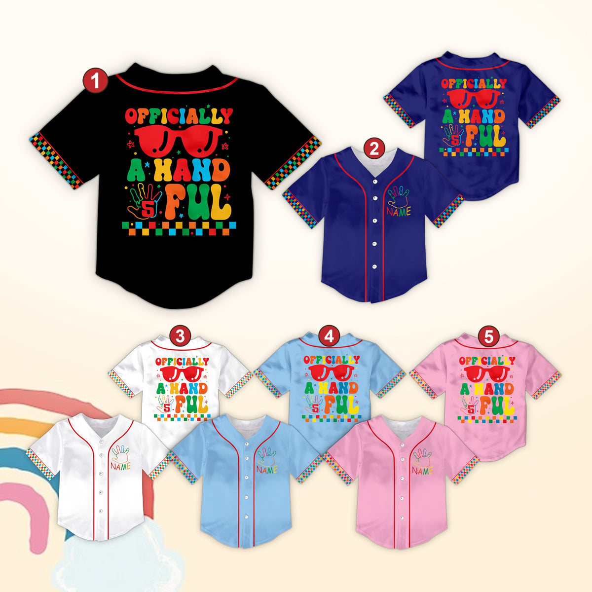 Multicolor kids birthday baseball jersey with vibrant graphics, front view