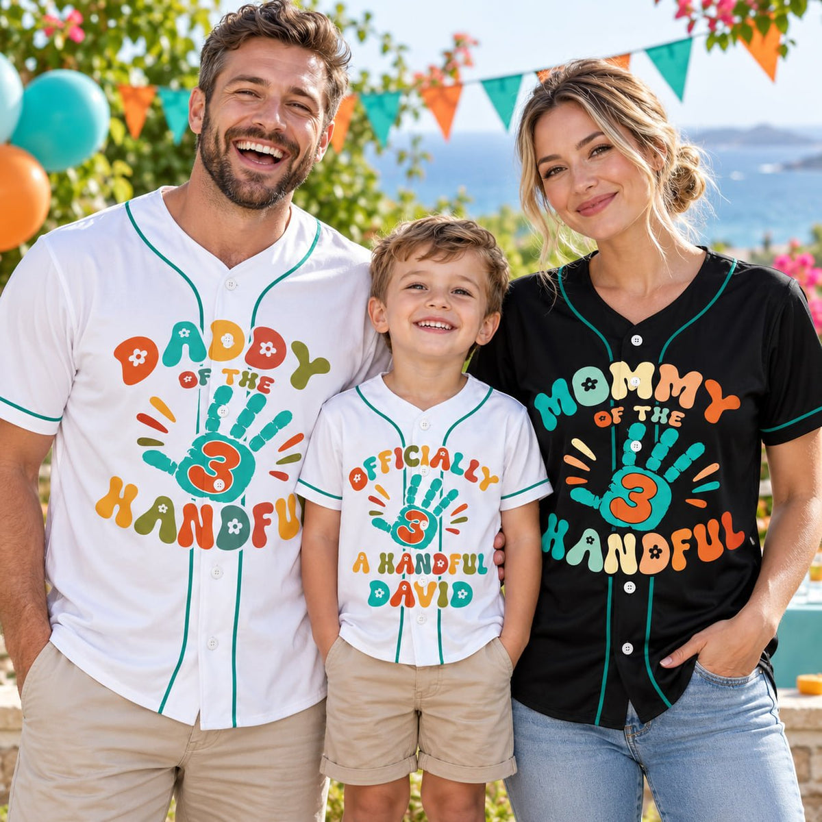 Lifestyle view of adult wearing personalized groovy birthday baseball jersey