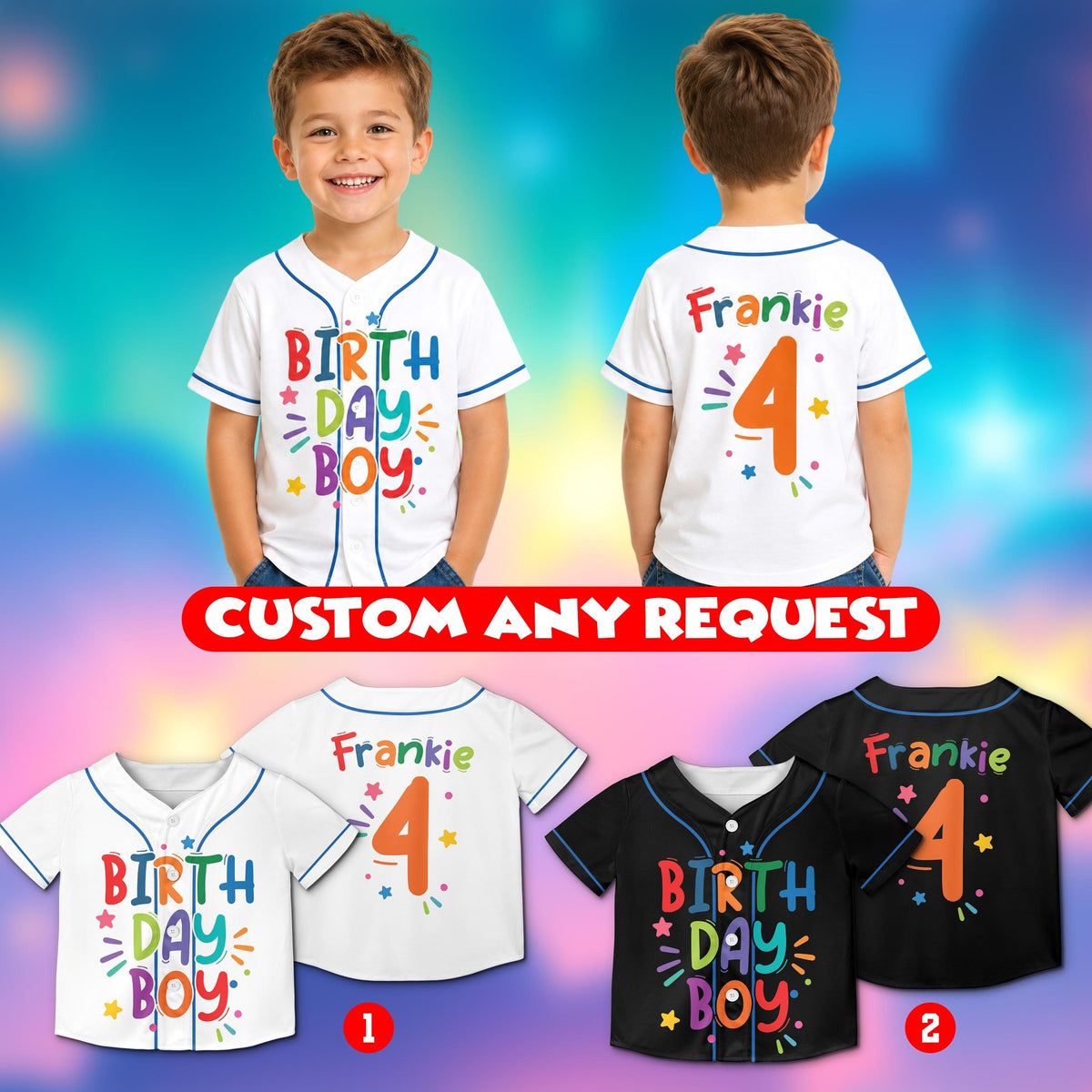 Adult wearing a personalized multicolor birthday baseball jersey, lifestyle view