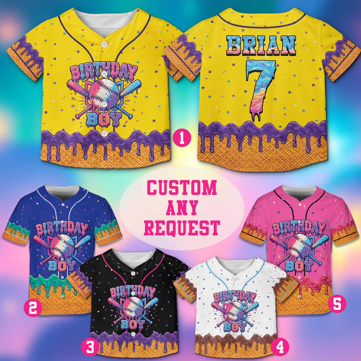 Multicolor variations of the personalized baseball jersey, overall view
