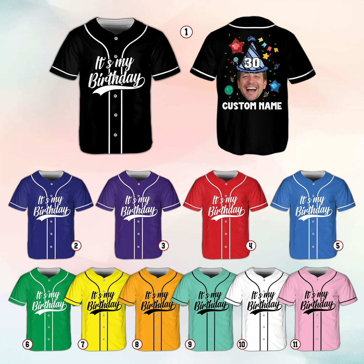 Multicolor options for the personalized birthday baseball jersey showing custom photo and name on the back