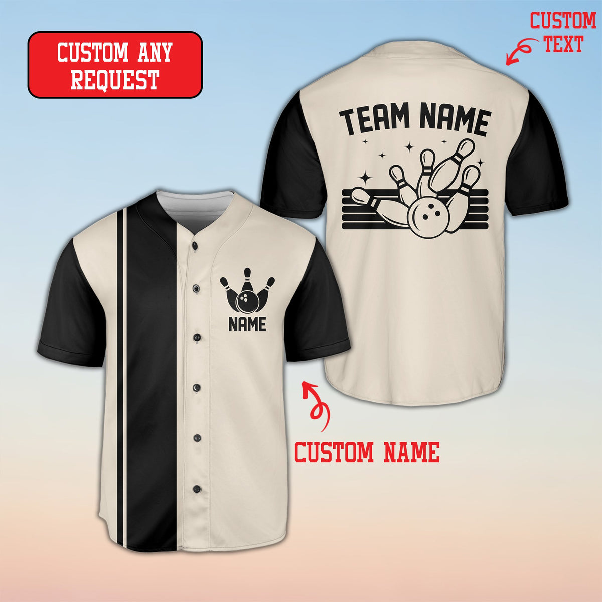Beige bowling baseball jersey collar and custom name detail