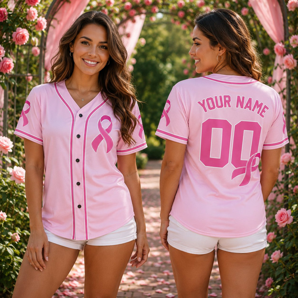 Lifestyle view of someone wearing the pink breast cancer awareness baseball jersey