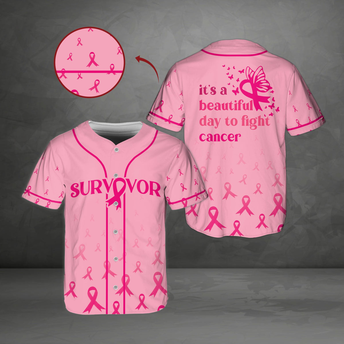Pink breast cancer awareness baseball jersey highlighting the back design